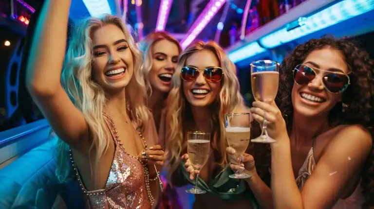 Four women dressed for a night out, smiling and holding champagne glasses, pose together under colorful neon lights after arriving in style with a limo service in Atlantic City, NJ, creating a lively party atmosphere.