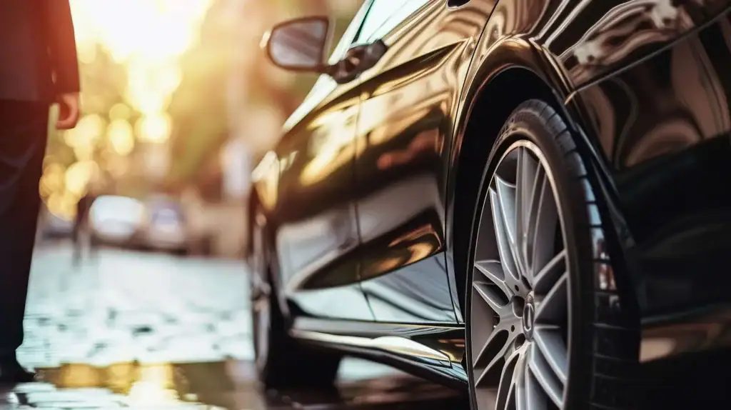 A close-up of a sleek black car with modern alloy wheels is parked on a cobblestone street in an urban setting, with a person standing nearby. This stylish scene reflects the refined transportation options often seen in Atlantic City, NJ.