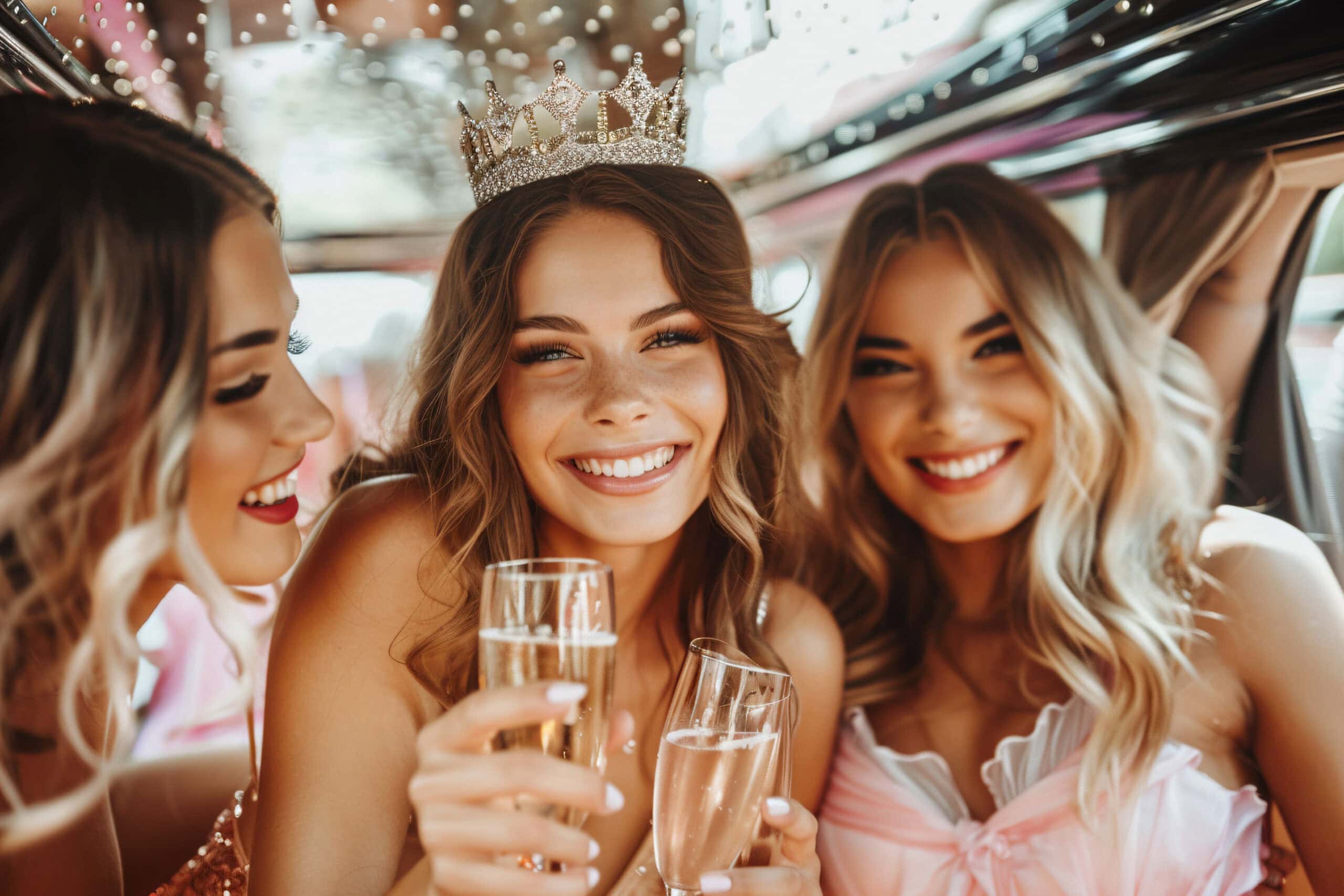 Three young women dressed up and smiling, holding champagne glasses in a decorated limo. The woman in the center wears a sparkly crown—perfect for a birthday or bachelorette party with premier limo service Atlantic City, NJ. Warm, festive atmosphere.